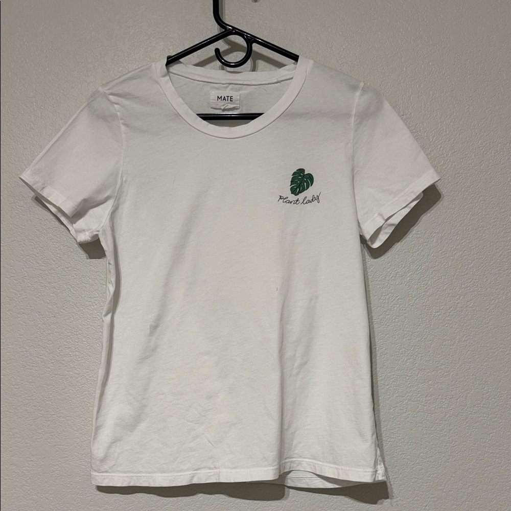 MATE White Tee with Green Leaf Plant Lady size med